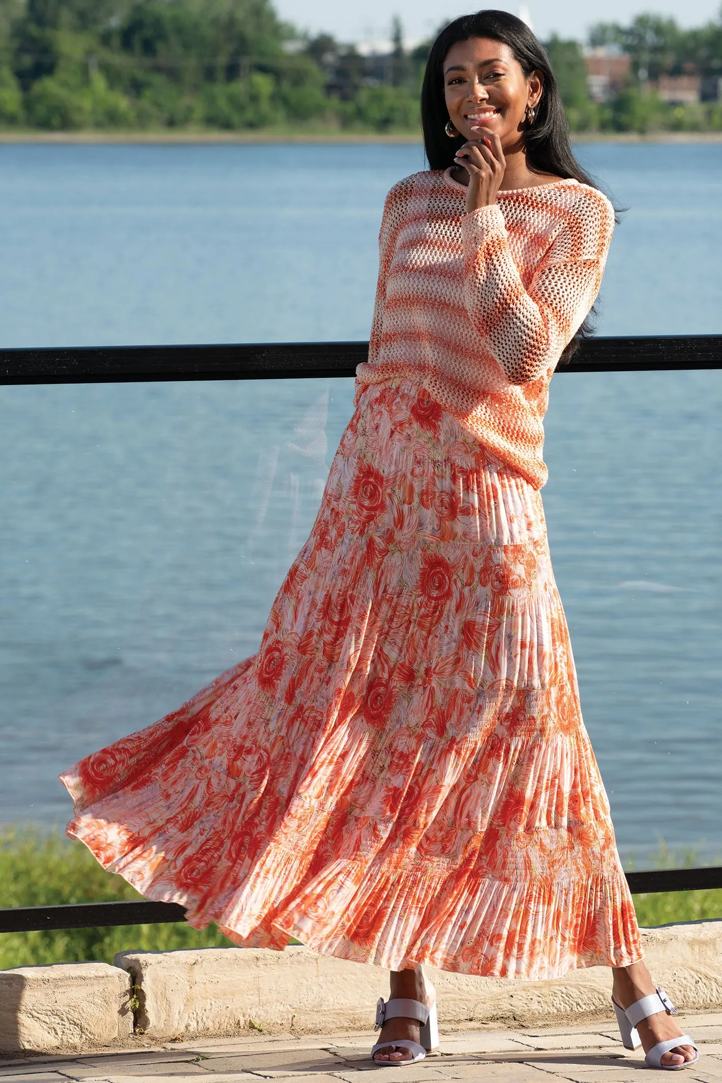 Alison Sheri Skirt Tiered Midi Coral Floral Print A45575