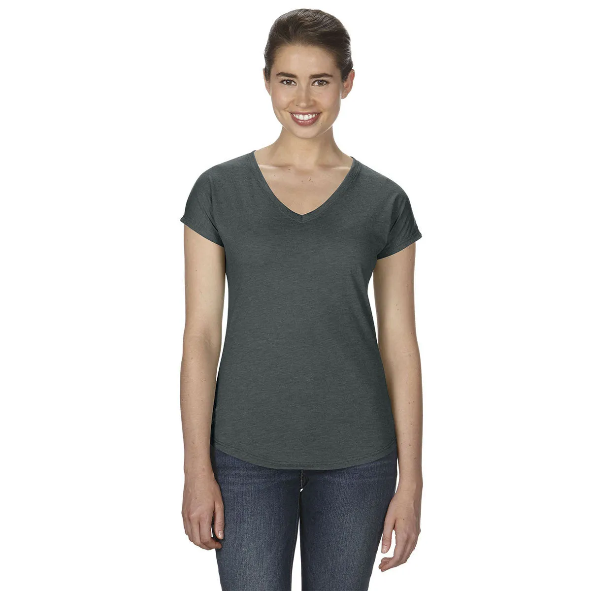 Anvil Women's Heather Dark Grey Triblend V-Neck T-Shirt