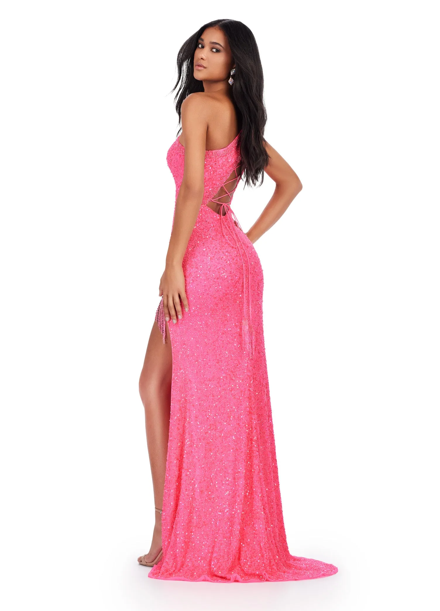 Ashley Lauren 11449 Long Prom Dress Sequin One Shoulder Gown Asymmetrical Lace Up Back Formal Pageant Gown