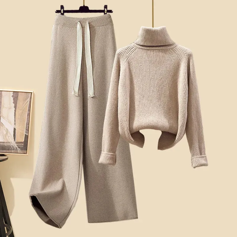 Autumn Winter Warm Knitwear Sets Outfits Elegant Turtleneck Sweater long Cardigan Jacket wide Leg Pant Setwide leg