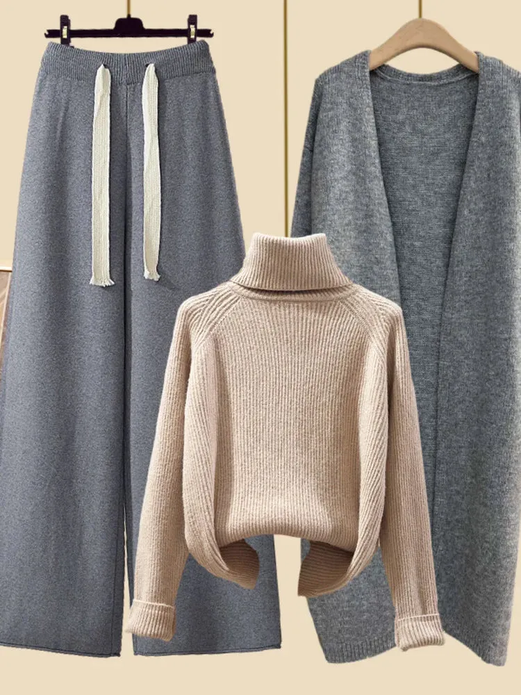Autumn Winter Warm Knitwear Sets Outfits Elegant Turtleneck Sweater long Cardigan Jacket wide Leg Pant Setwide leg