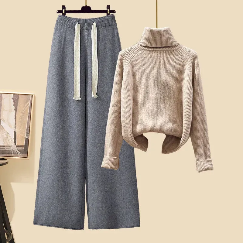 Autumn Winter Warm Knitwear Sets Outfits Elegant Turtleneck Sweater long Cardigan Jacket wide Leg Pant Setwide leg