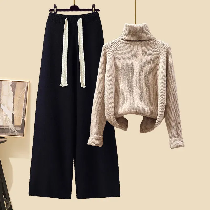 Autumn Winter Warm Knitwear Sets Outfits Elegant Turtleneck Sweater long Cardigan Jacket wide Leg Pant Setwide leg