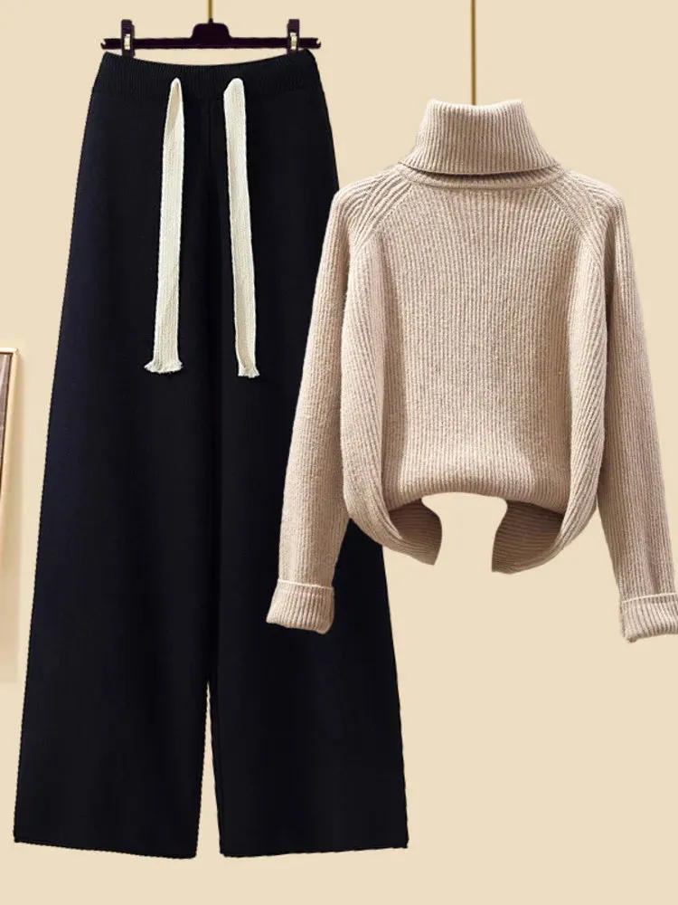 Autumn Winter Warm Knitwear Sets Outfits Elegant Turtleneck Sweater long Cardigan Jacket wide Leg Pant Setwide leg