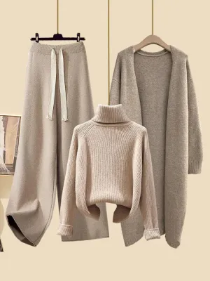 Autumn Winter Warm Knitwear Sets Outfits Elegant Turtleneck Sweater long Cardigan Jacket wide Leg Pant Setwide leg