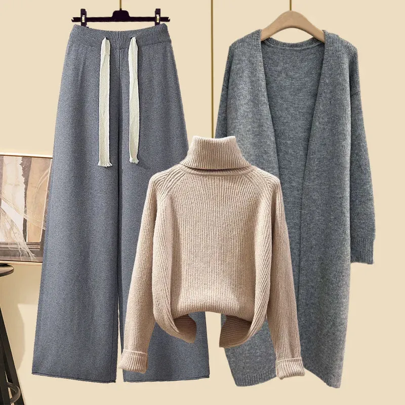 Autumn Winter Warm Knitwear Sets Outfits Elegant Turtleneck Sweater long Cardigan Jacket wide Leg Pant Setwide leg