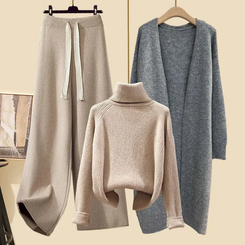 Autumn Winter Warm Knitwear Sets Outfits Elegant Turtleneck Sweater long Cardigan Jacket wide Leg Pant Setwide leg