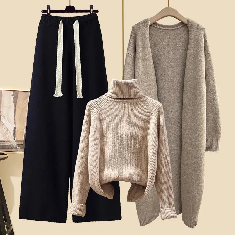 Autumn Winter Warm Knitwear Sets Outfits Elegant Turtleneck Sweater long Cardigan Jacket wide Leg Pant Setwide leg