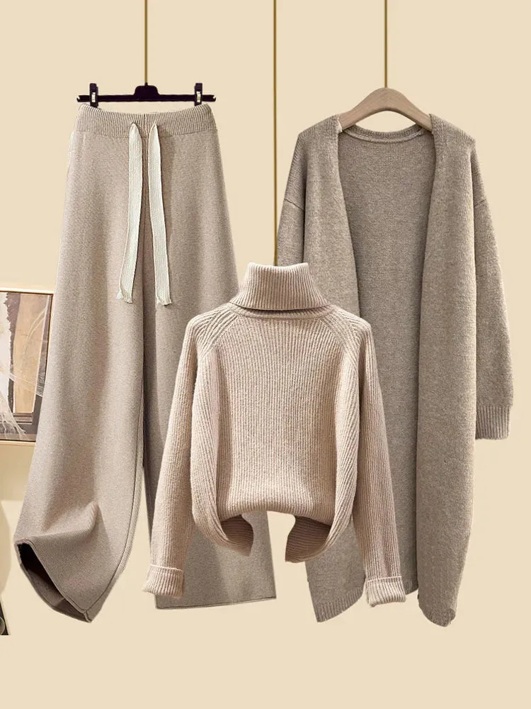 Autumn Winter Warm Knitwear Sets Outfits Elegant Turtleneck Sweater long Cardigan Jacket wide Leg Pant Setwide leg
