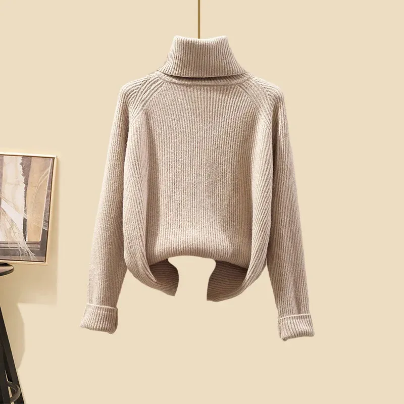 Autumn Winter Warm Knitwear Sets Outfits Elegant Turtleneck Sweater long Cardigan Jacket wide Leg Pant Setwide leg