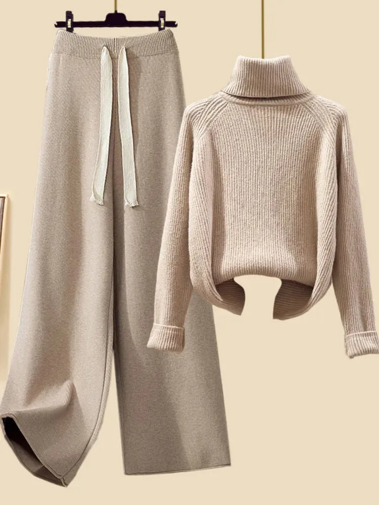 Autumn Winter Warm Knitwear Sets Outfits Elegant Turtleneck Sweater long Cardigan Jacket wide Leg Pant Setwide leg