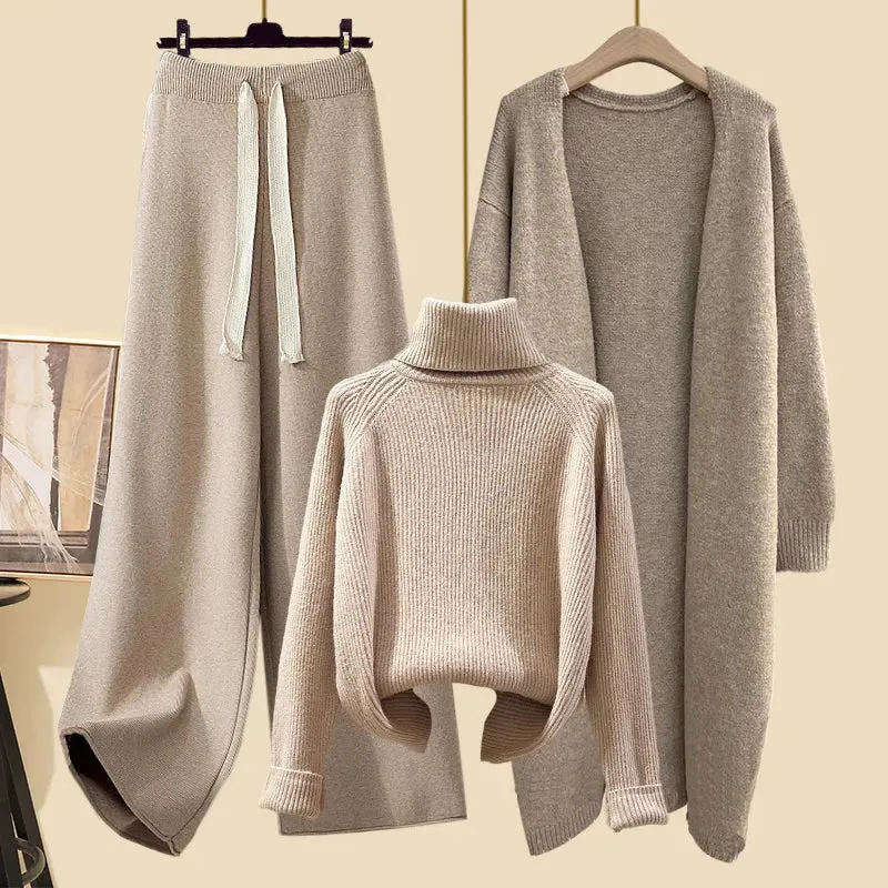 Autumn Winter Warm Knitwear Sets Outfits Elegant Turtleneck Sweater long Cardigan Jacket wide Leg Pant Setwide leg