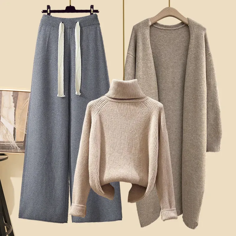 Autumn Winter Warm Knitwear Sets Outfits Elegant Turtleneck Sweater long Cardigan Jacket wide Leg Pant Setwide leg