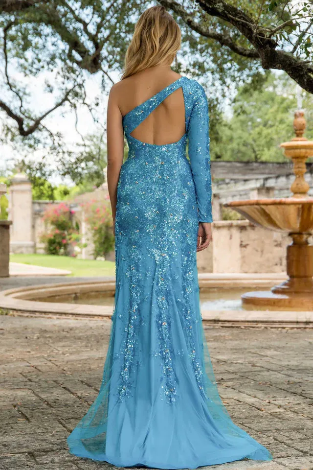 Ava Presley 28578 Long Prom Dress Long Sleeve One Shoulder Sequin High Slit Cape Sleeve Formal Pageant Gown