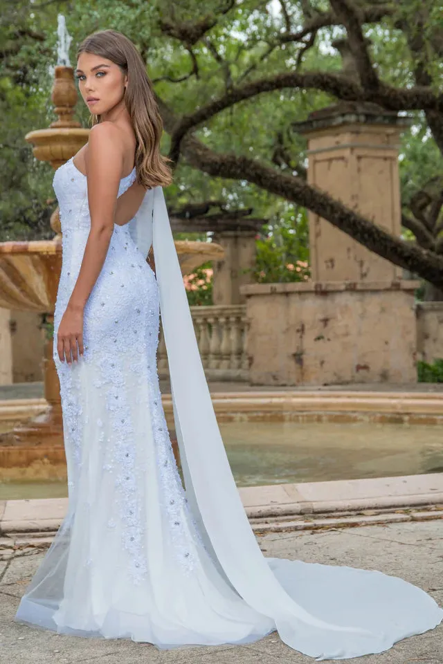 Ava Presley 28578 Long Prom Dress Long Sleeve One Shoulder Sequin High Slit Cape Sleeve Formal Pageant Gown