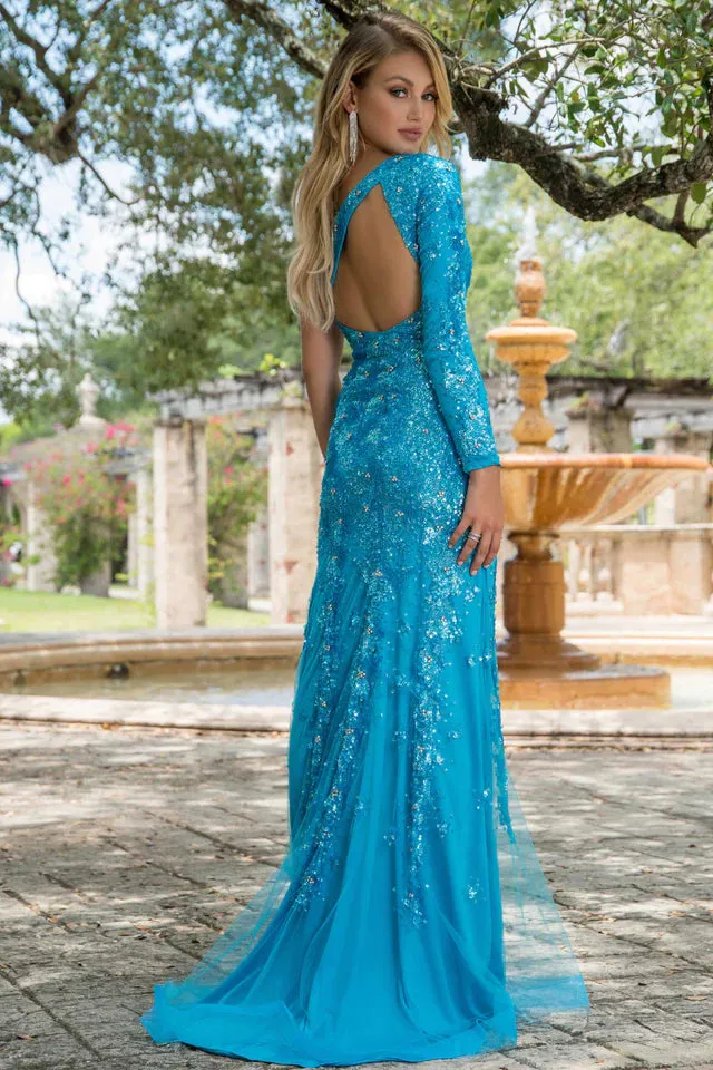 Ava Presley 28578 Long Prom Dress Long Sleeve One Shoulder Sequin High Slit Cape Sleeve Formal Pageant Gown