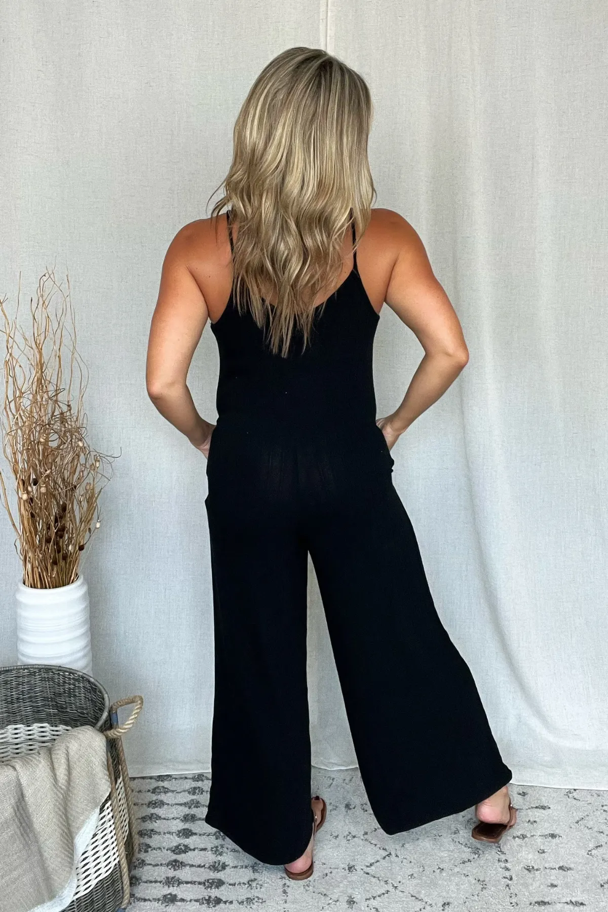 BLACK RIBBED KNIT TANK JUMPSUIT