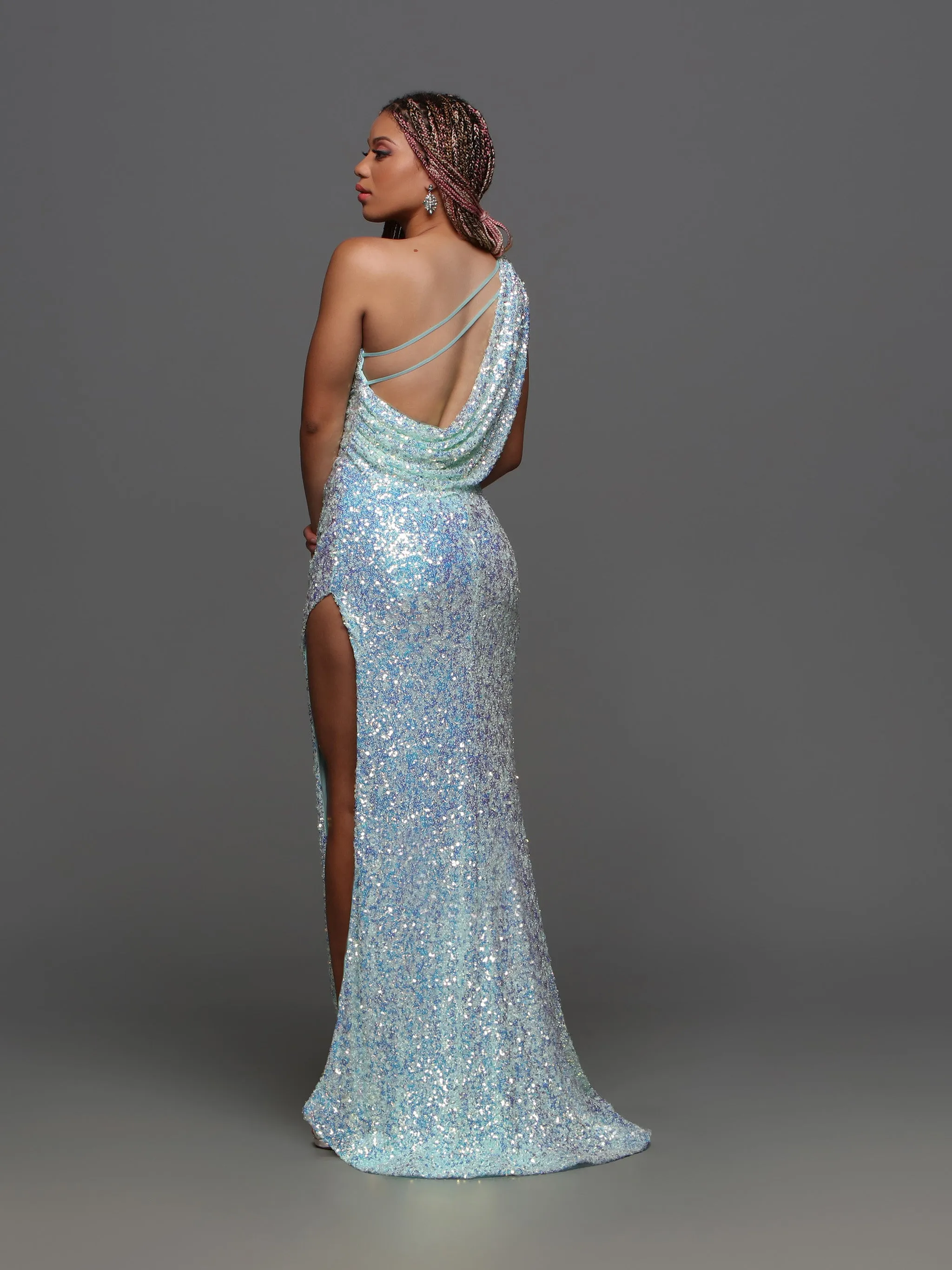 Candice Wang 72346 Sequin One Shoulder High Slit Prom Dress Draped Open Back Formal Gown