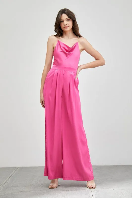 Cowl Neck Trim Detail Satin Jumpsuit