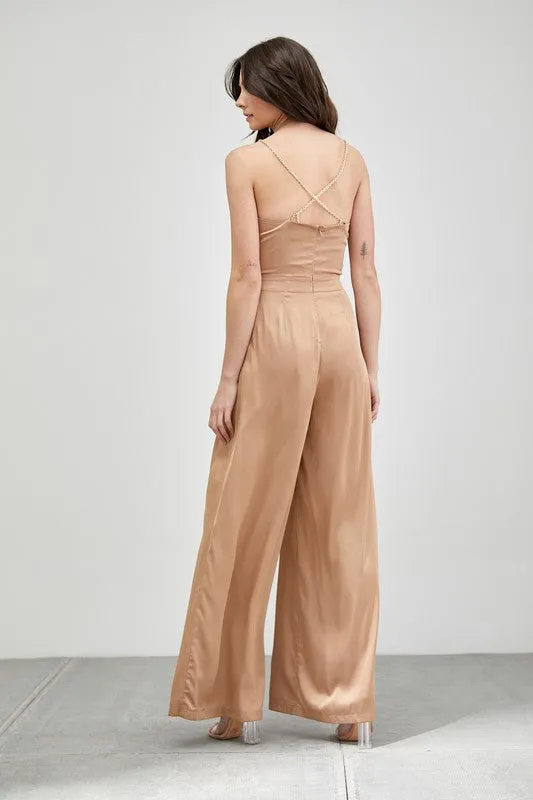 Cowl Neck Trim Detail Satin Jumpsuit