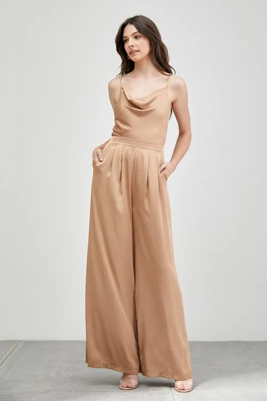 Cowl Neck Trim Detail Satin Jumpsuit