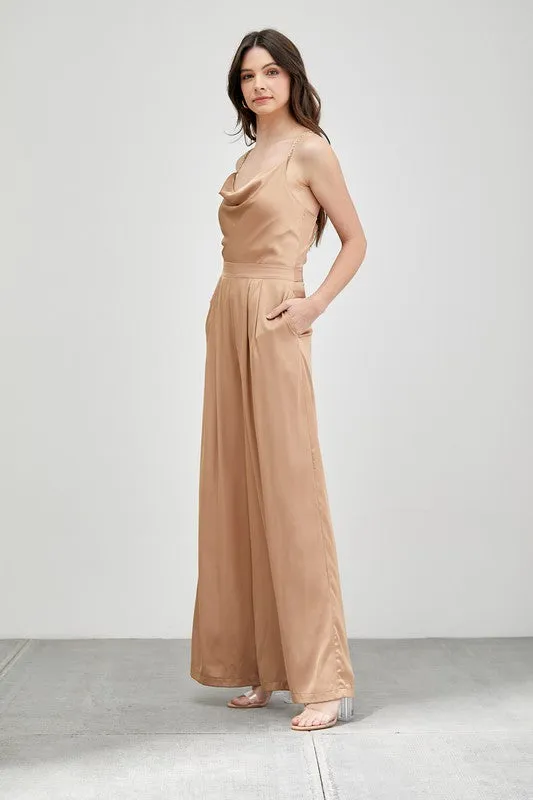 Cowl Neck Trim Detail Satin Jumpsuit