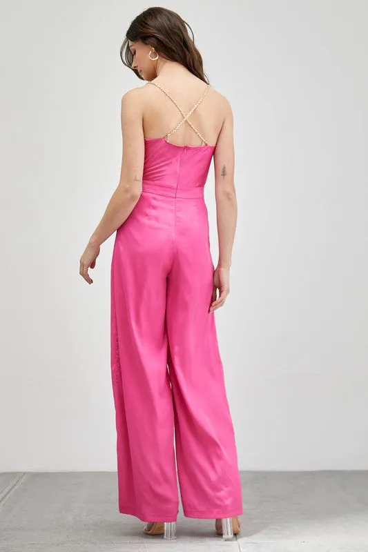 Cowl Neck Trim Detail Satin Jumpsuit