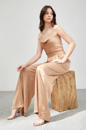 Cowl Neck Trim Detail Satin Jumpsuit