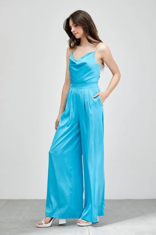 Cowl Neck Trim Detail Satin Jumpsuit