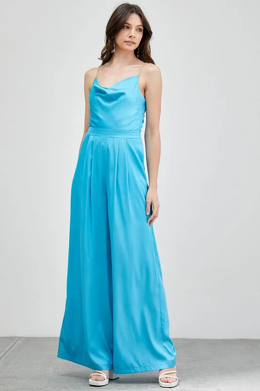 Cowl Neck Trim Detail Satin Jumpsuit