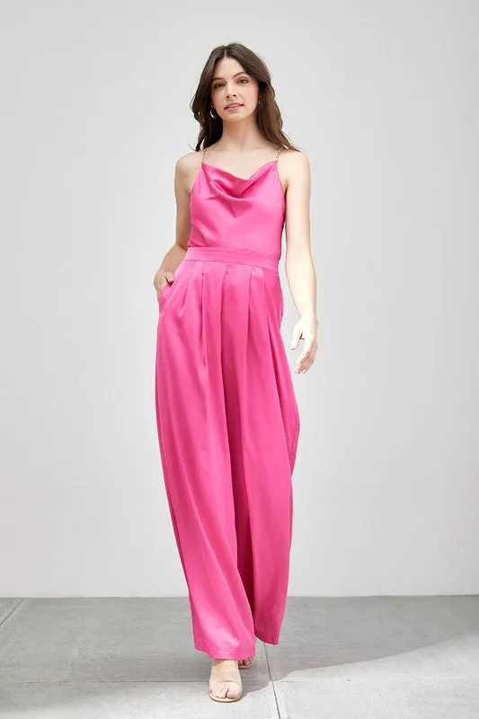 Cowl Neck Trim Detail Satin Jumpsuit