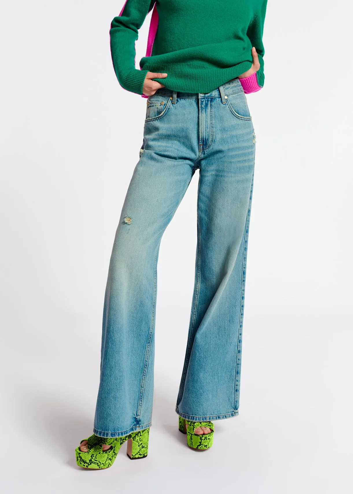 Distressed straight-leg blue jeans