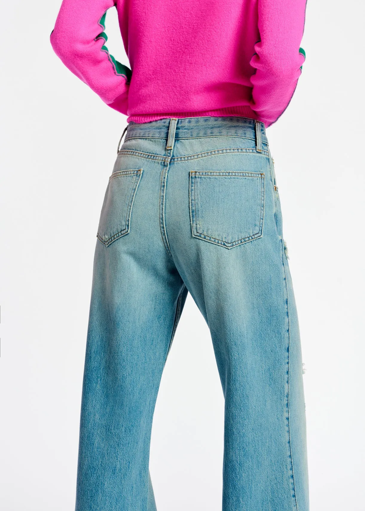 Distressed straight-leg blue jeans