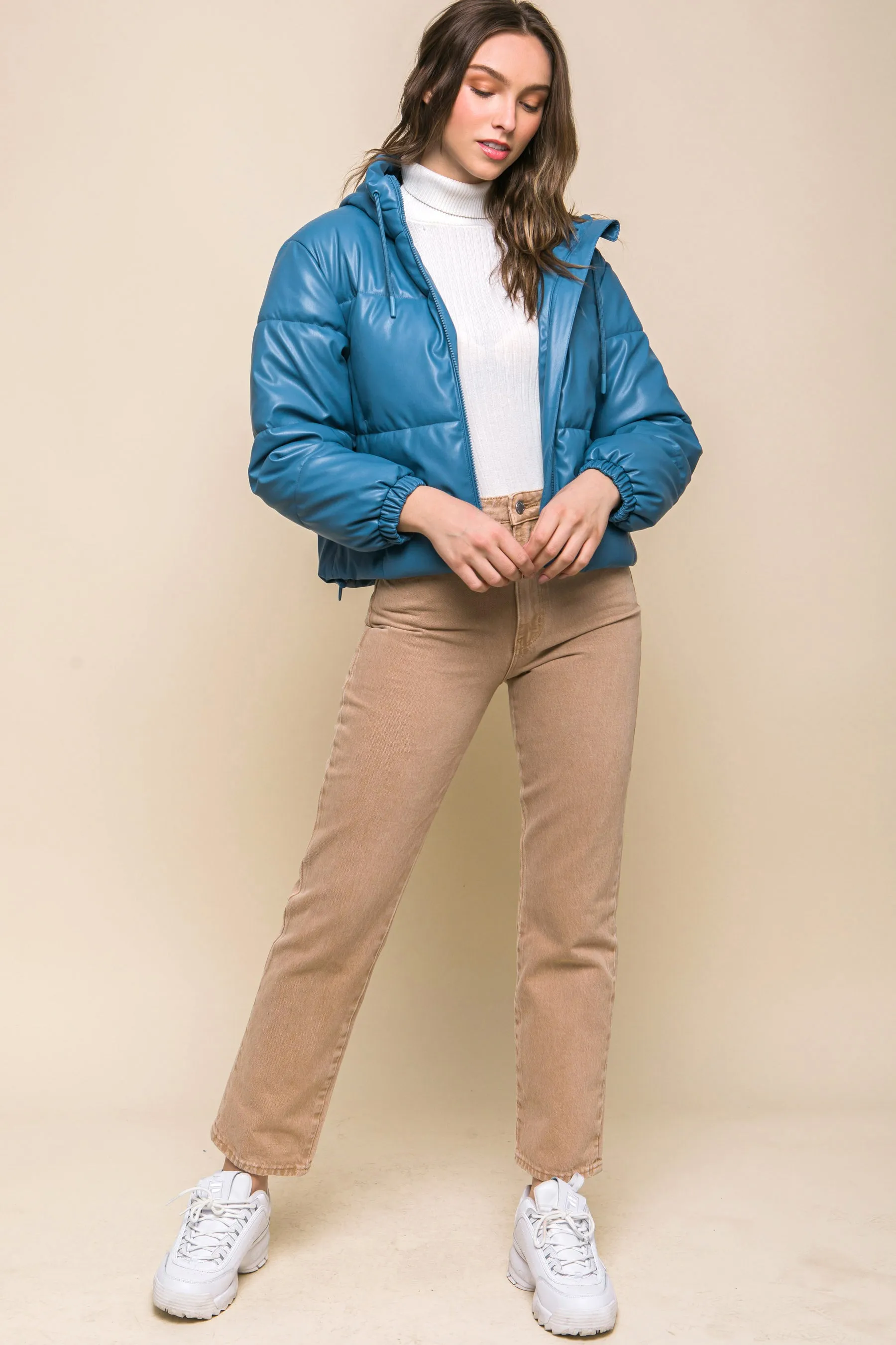 Faux Leather Zipper Hooded Puffer Jacket