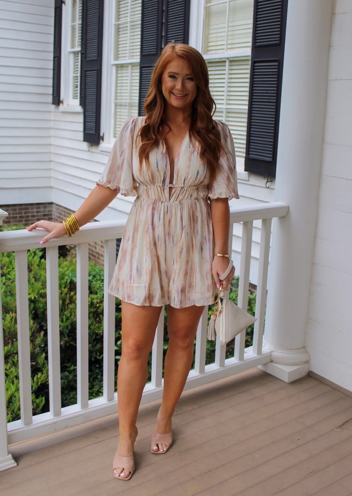 Groove V Neck Shirring Romper- Tan