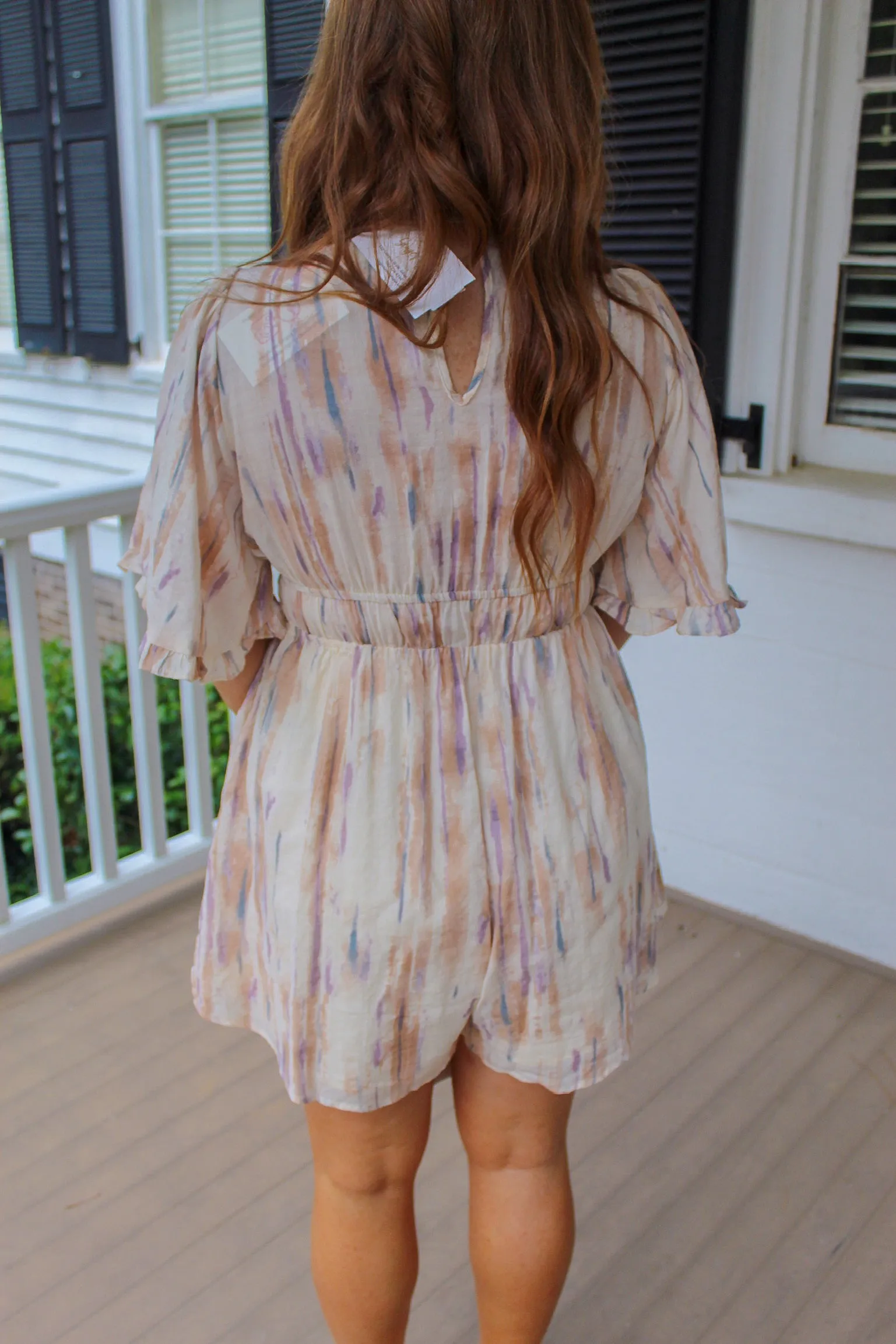 Groove V Neck Shirring Romper- Tan