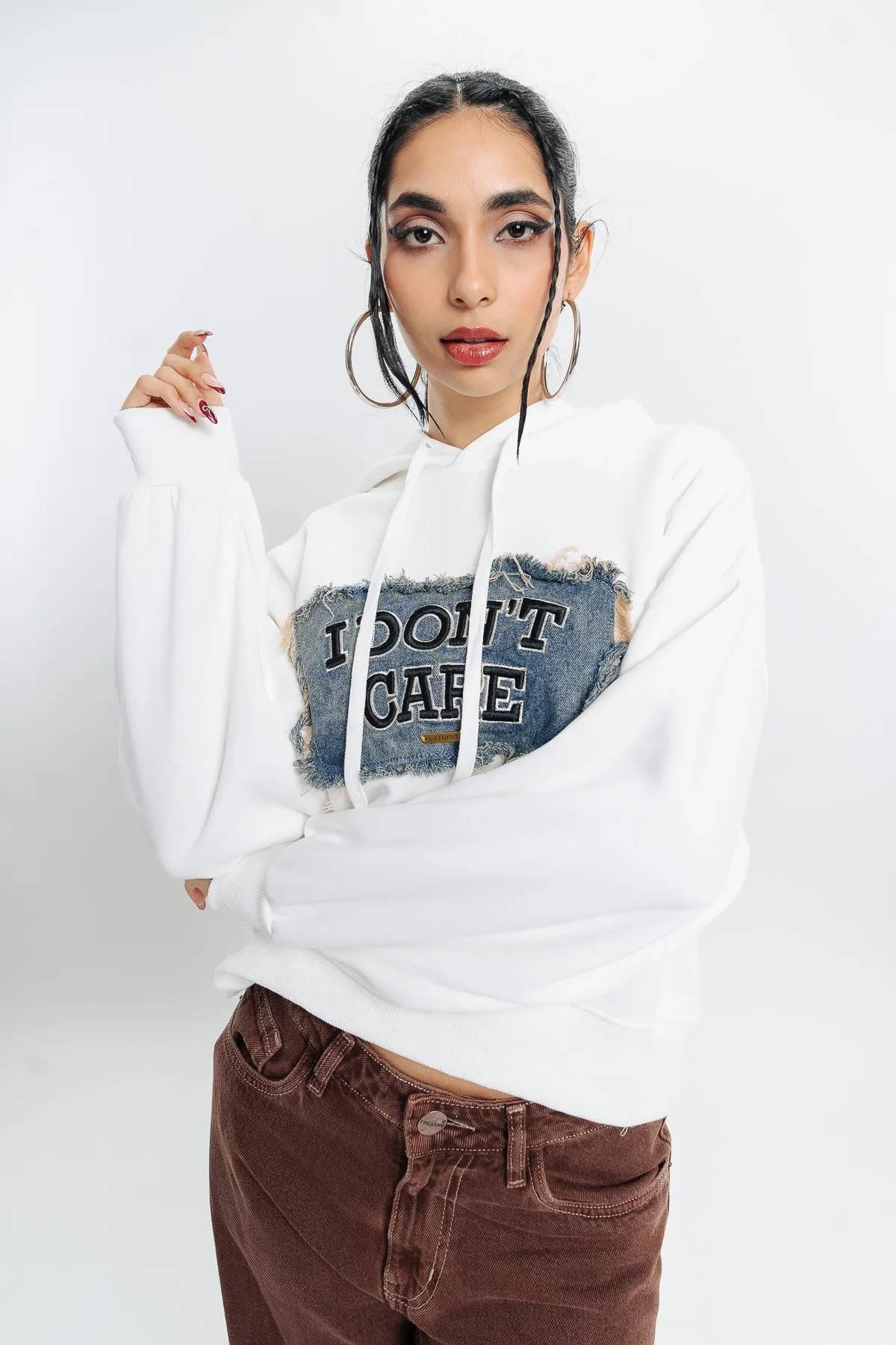 I Don'T Care White Hoodie