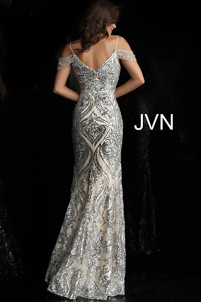 Jovani JVN67256 Size 4 Silver/Nude Long Sequin Prom Dress Plunging off the shoulder Gown
