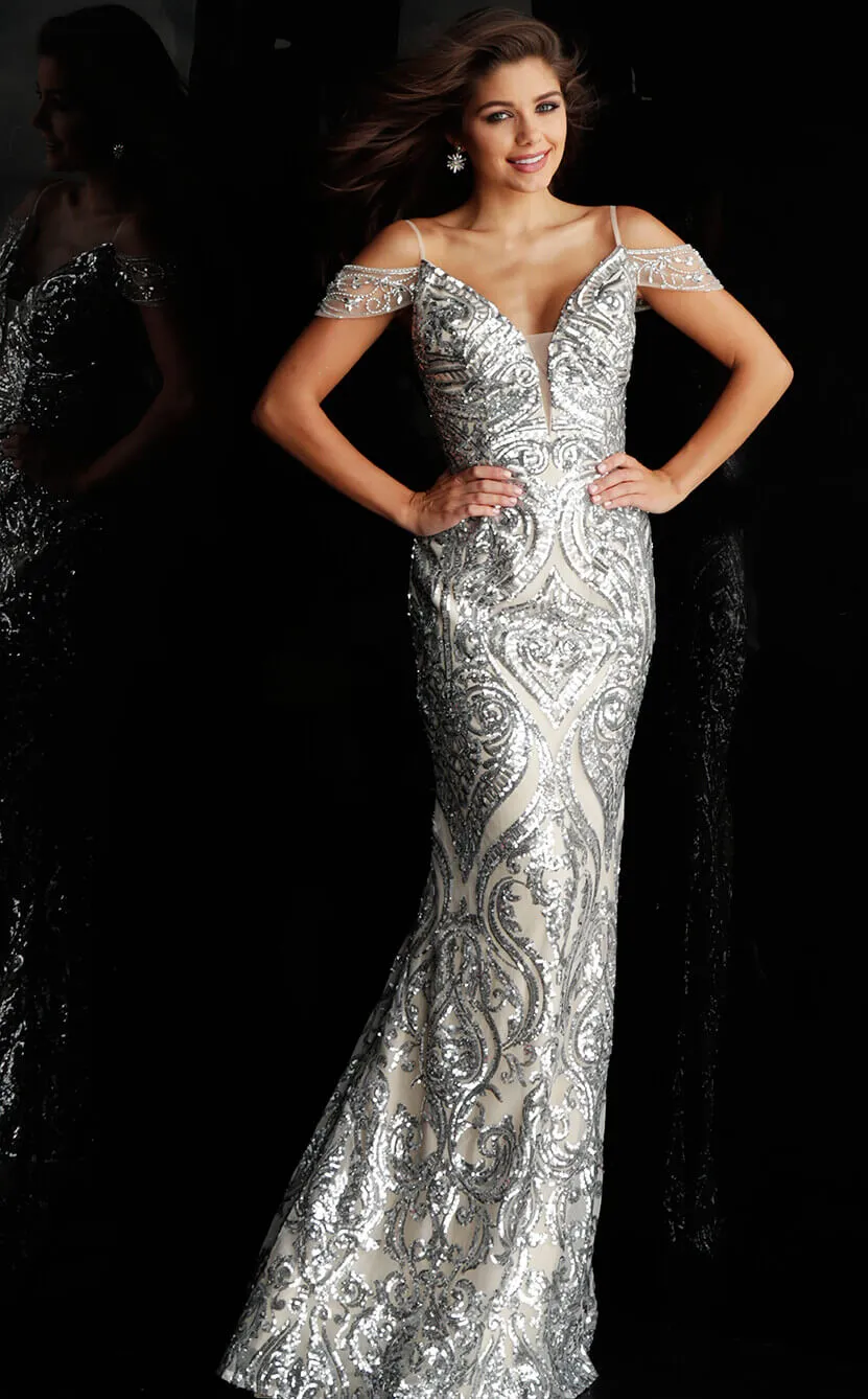 Jovani JVN67256 Size 4 Silver/Nude Long Sequin Prom Dress Plunging off the shoulder Gown