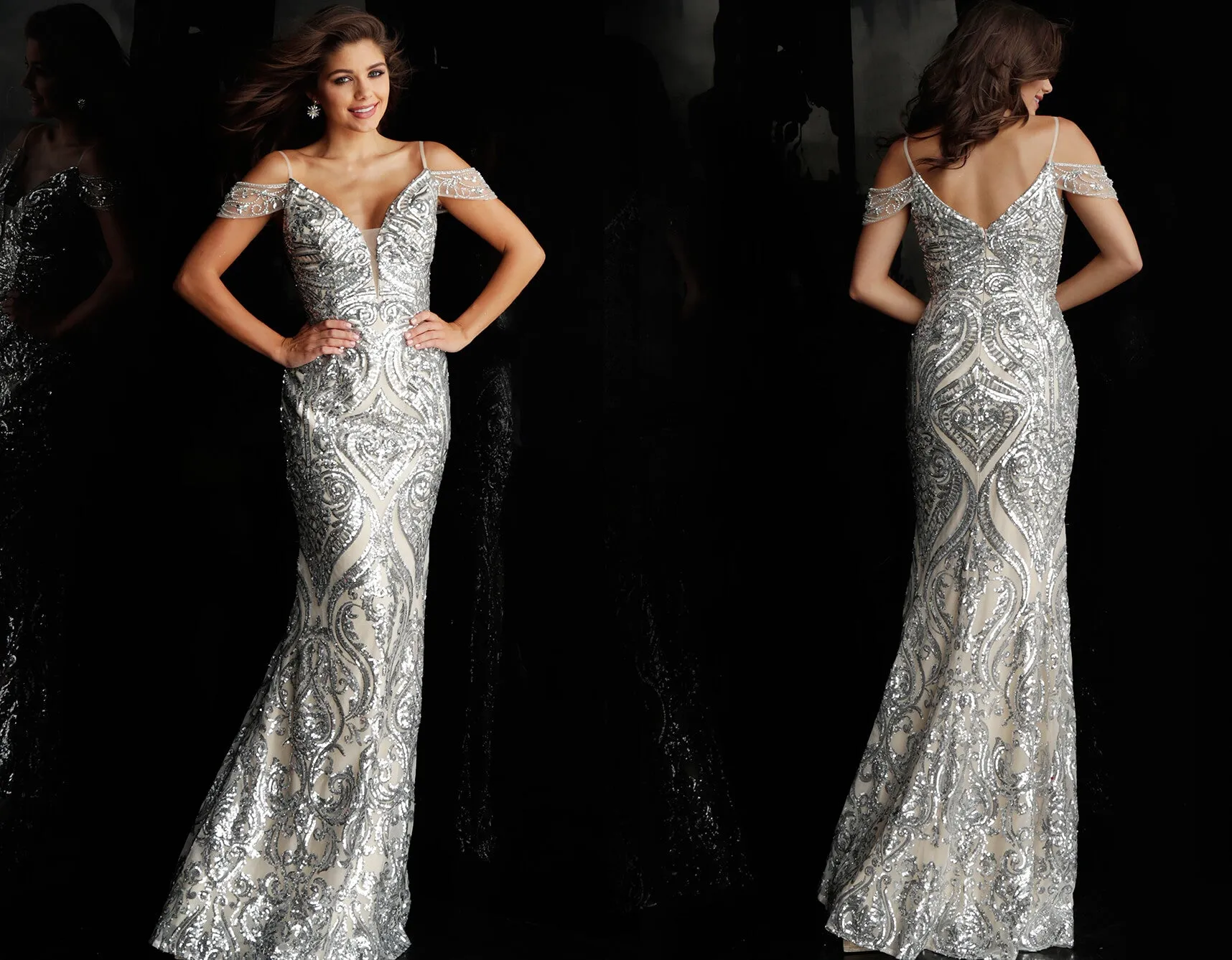 Jovani JVN67256 Size 4 Silver/Nude Long Sequin Prom Dress Plunging off the shoulder Gown