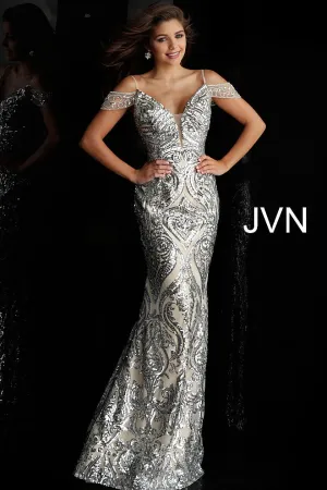 Jovani JVN67256 Size 4 Silver/Nude Long Sequin Prom Dress Plunging off the shoulder Gown