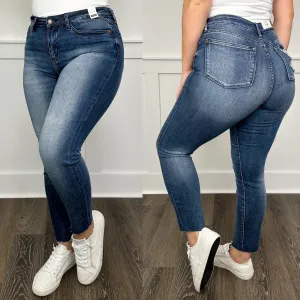Judy Blue Maisy Distressed High Rise Raw Hem Relaxed Slim Fit Dark Wash Jeans