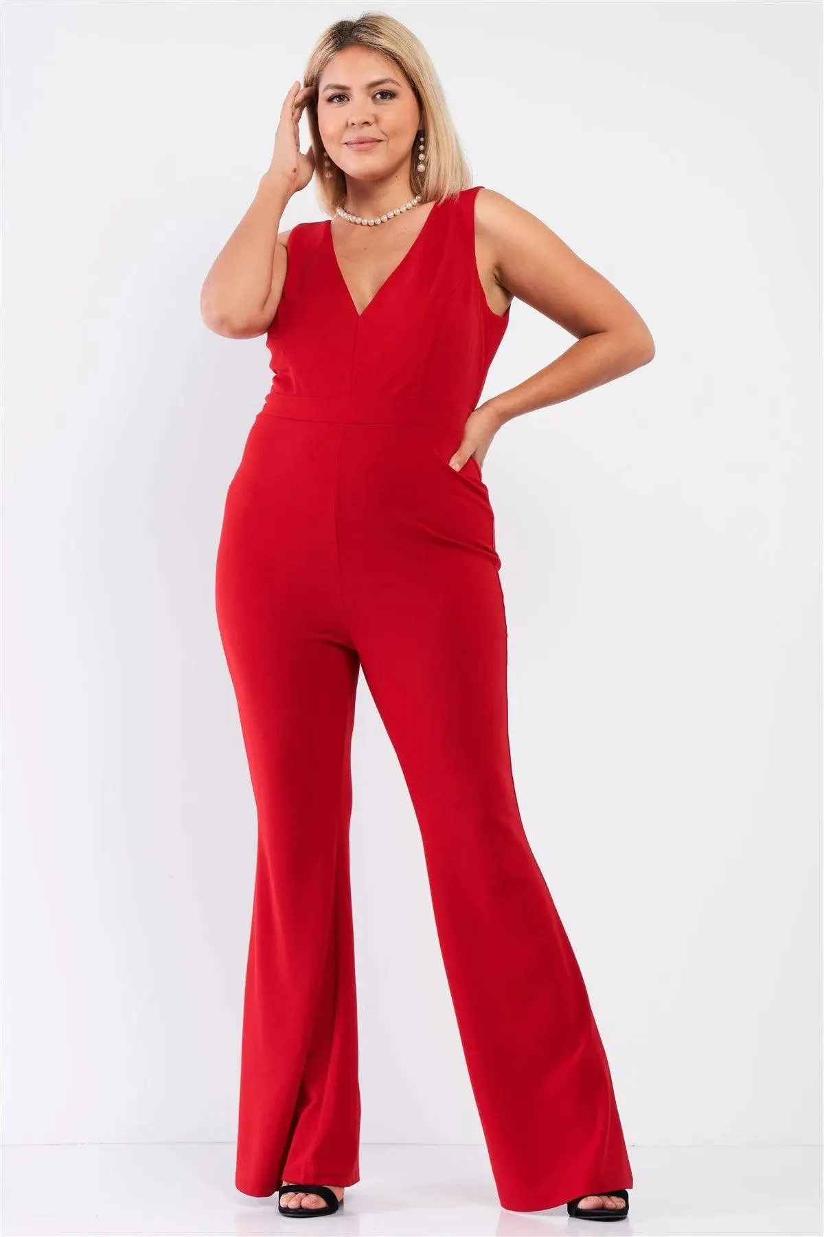 Junior Plus Red Sleeveless Deep Plunge V-Neck Wide Leg Jumpsuit /1-1-1