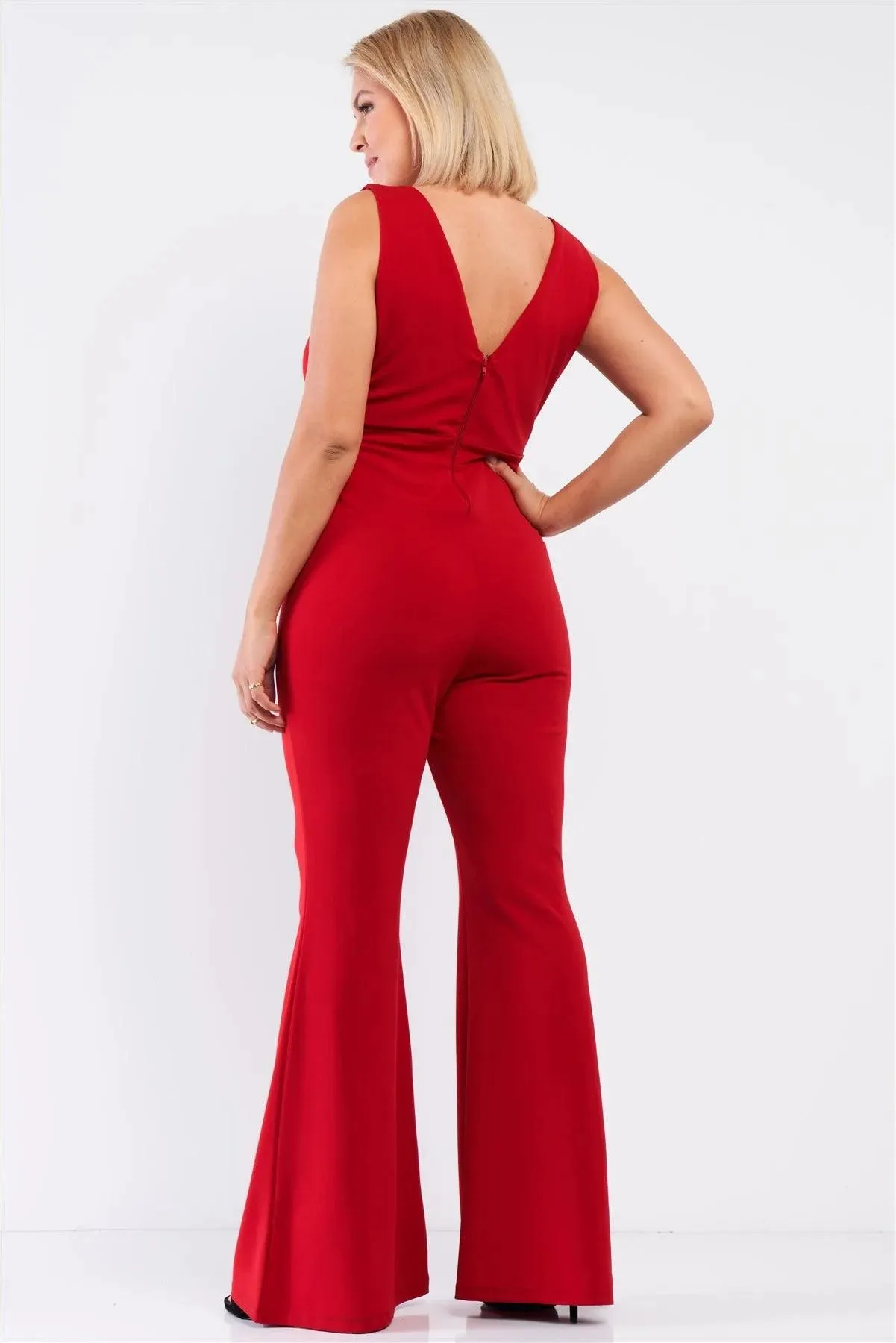 Junior Plus Red Sleeveless Deep Plunge V-Neck Wide Leg Jumpsuit /1-1-1