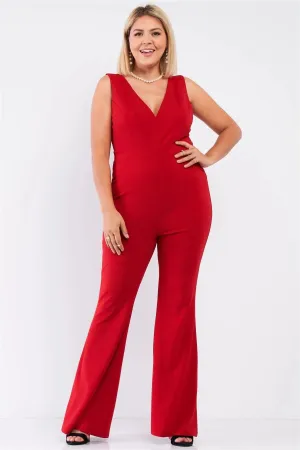 Junior Plus Red Sleeveless Deep Plunge V-Neck Wide Leg Jumpsuit /1-1-1