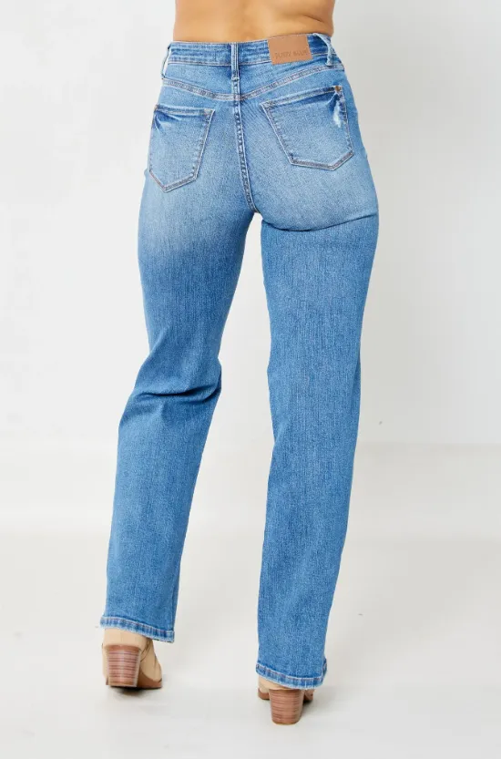 Leo - Judy Blue HW Tummy Control Destroy Knee Straight Denim Jeans