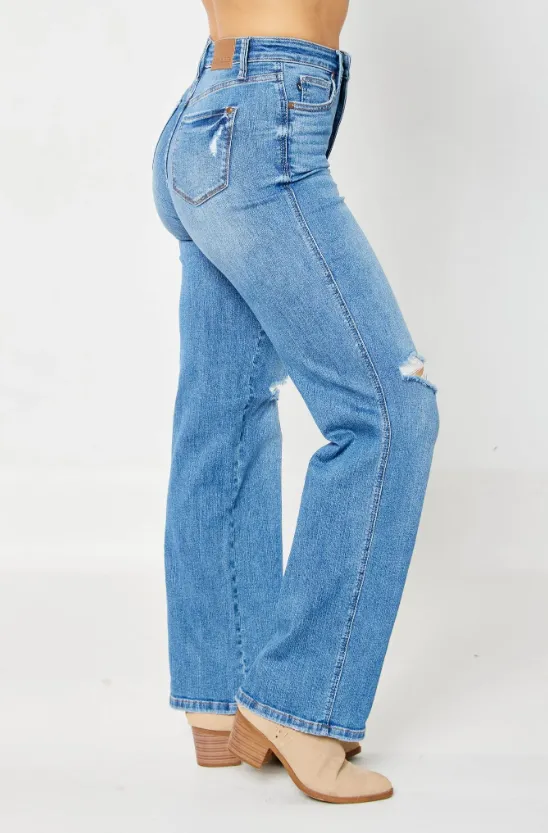 Leo - Judy Blue HW Tummy Control Destroy Knee Straight Denim Jeans