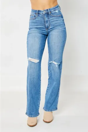 Leo - Judy Blue HW Tummy Control Destroy Knee Straight Denim Jeans