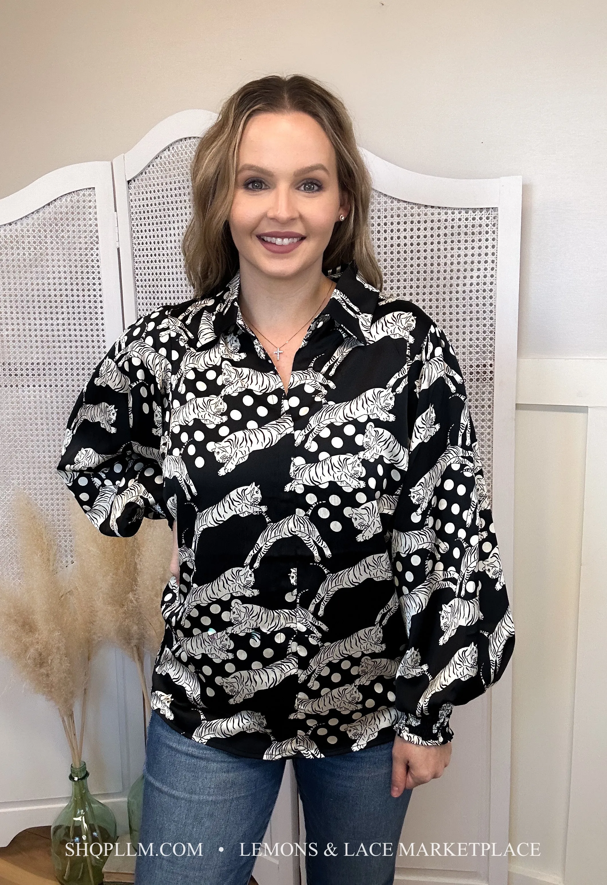 Long Sleeve Tiger Print Blouse