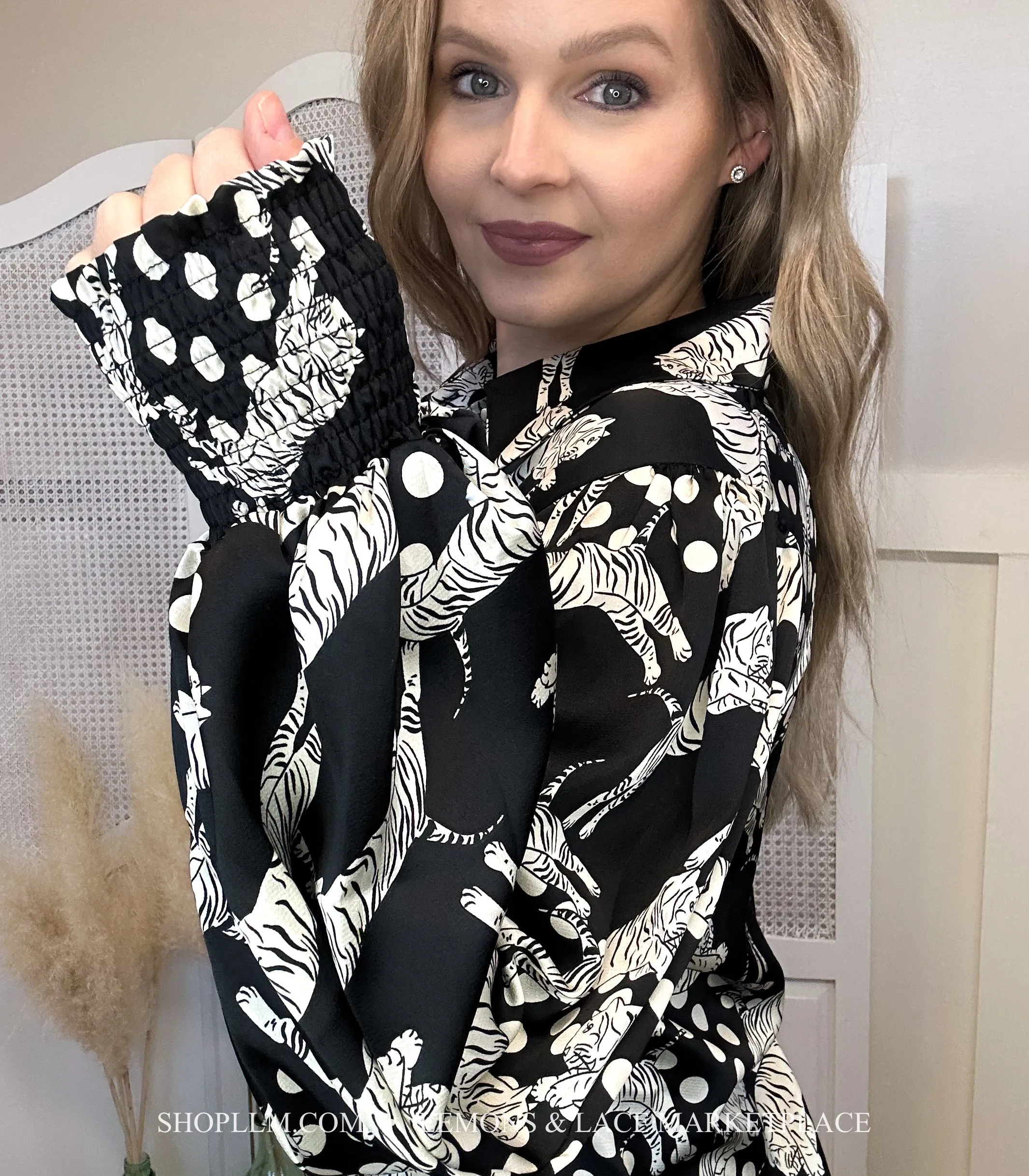 Long Sleeve Tiger Print Blouse